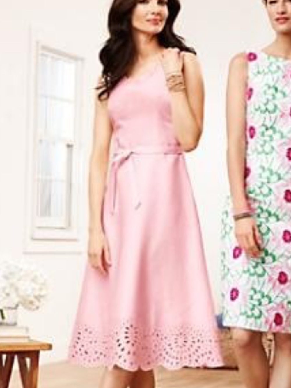 Talbots 100% linen Light Pink Eyelet Trim Sleeveless Dress size 8